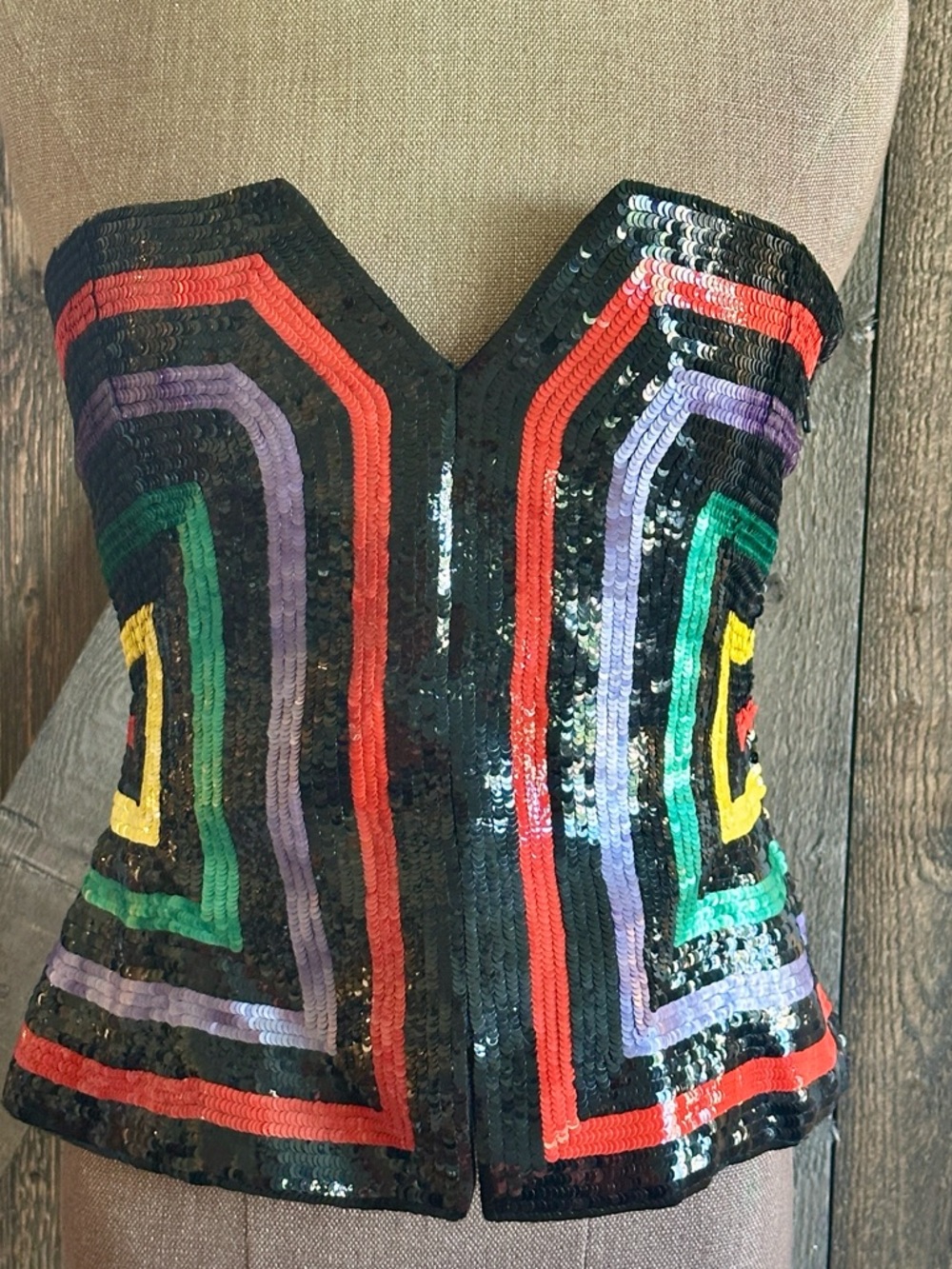 Vintage Ann Lawrence Sequin Corset Top Strapless Bustier Multicolor Y2K Festival